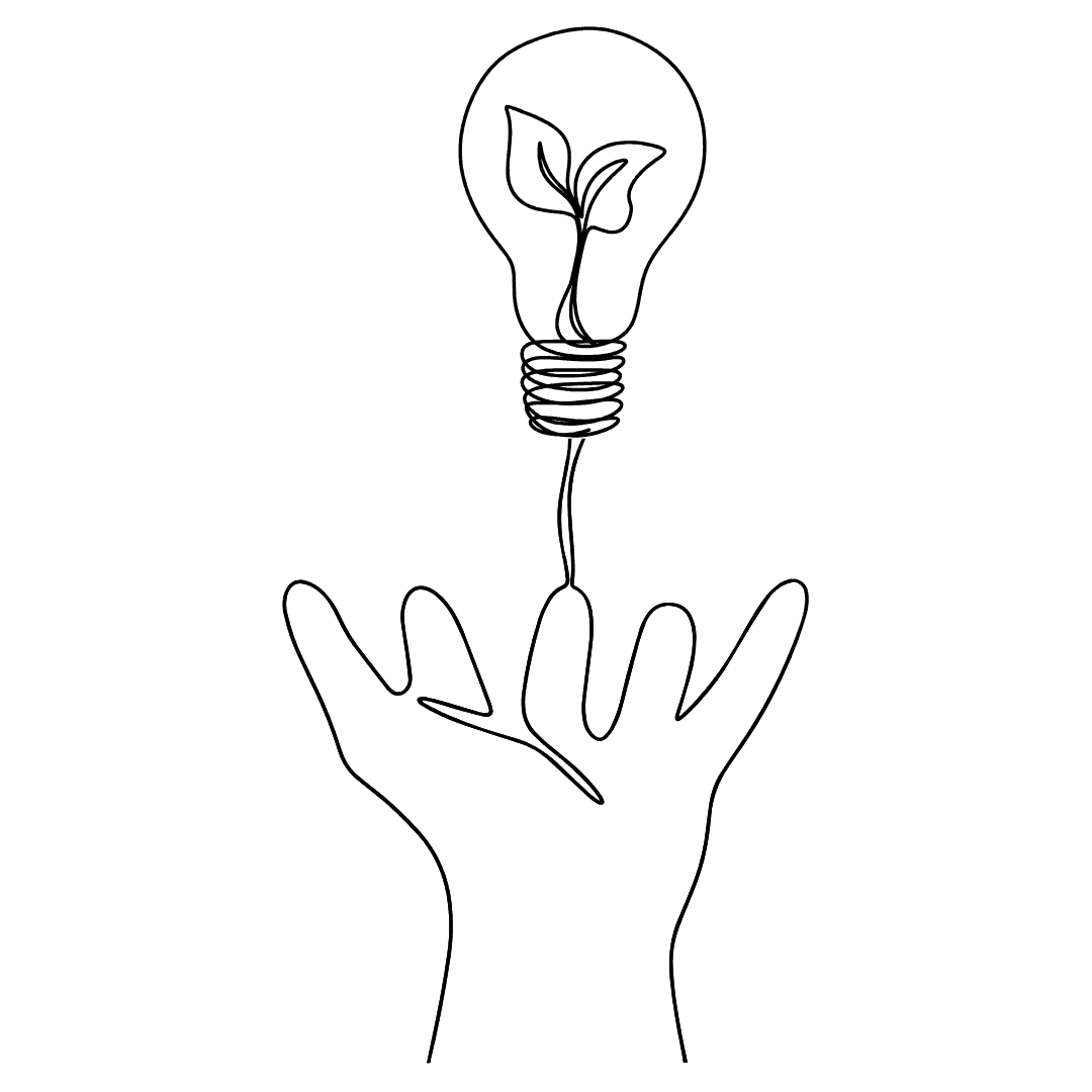 monoline illustration of a hand holding up a lightbulb, inside the light bulb a plant is growing showing the sprouting of new ideas