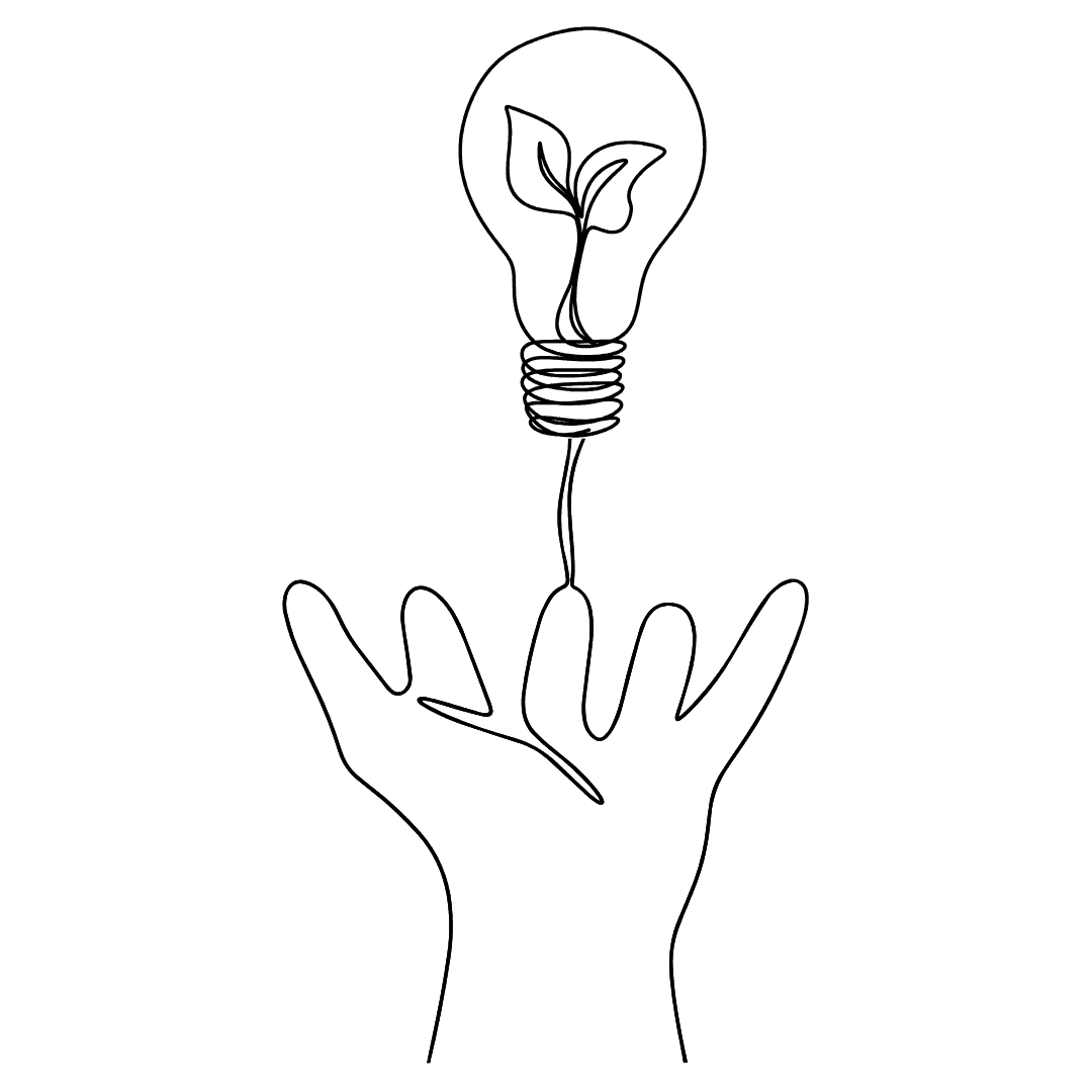 monoline illustration of a hand holding up a lightbulb, inside the light bulb a plant is growing showing the sprouting of new ideas