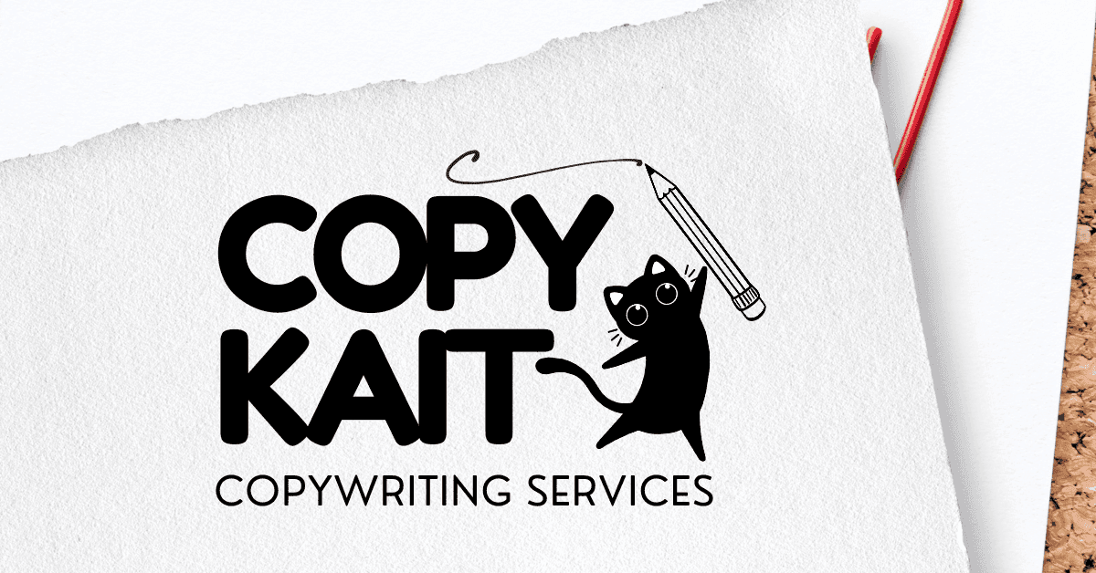 Copy Kait logo featuring bold text, a playful cartoon cat holding a pencil, and the tagline 'Copywriting Services' beneath. The design is placed on a textured paper background, showcasing a copywriting service.