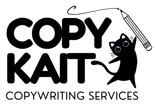 A logo for 'CopyKat Copywriting Services' featuring bold text and a playful black cat illustration. The cat, with bright eyes and pointed ears, appears next to the word 'Kat' and is holding a pen, reinforcing the creative and professional theme.