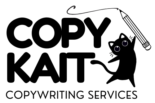 A logo for 'CopyKat Copywriting Services' featuring bold text and a playful black cat illustration. The cat, with bright eyes and pointed ears, appears next to the word 'Kat' and is holding a pen, reinforcing the creative and professional theme.