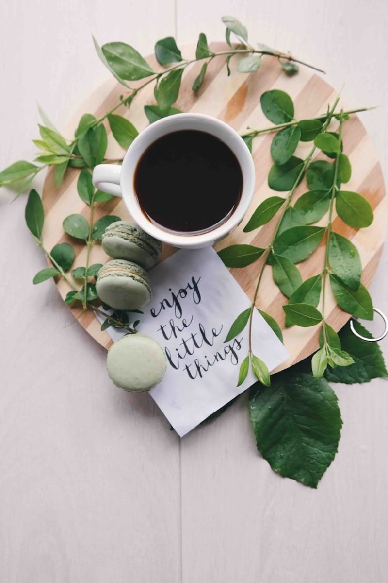 Copy Corner Blog flat lay photography of leaves with cup of coffee and three macarons on chopping board